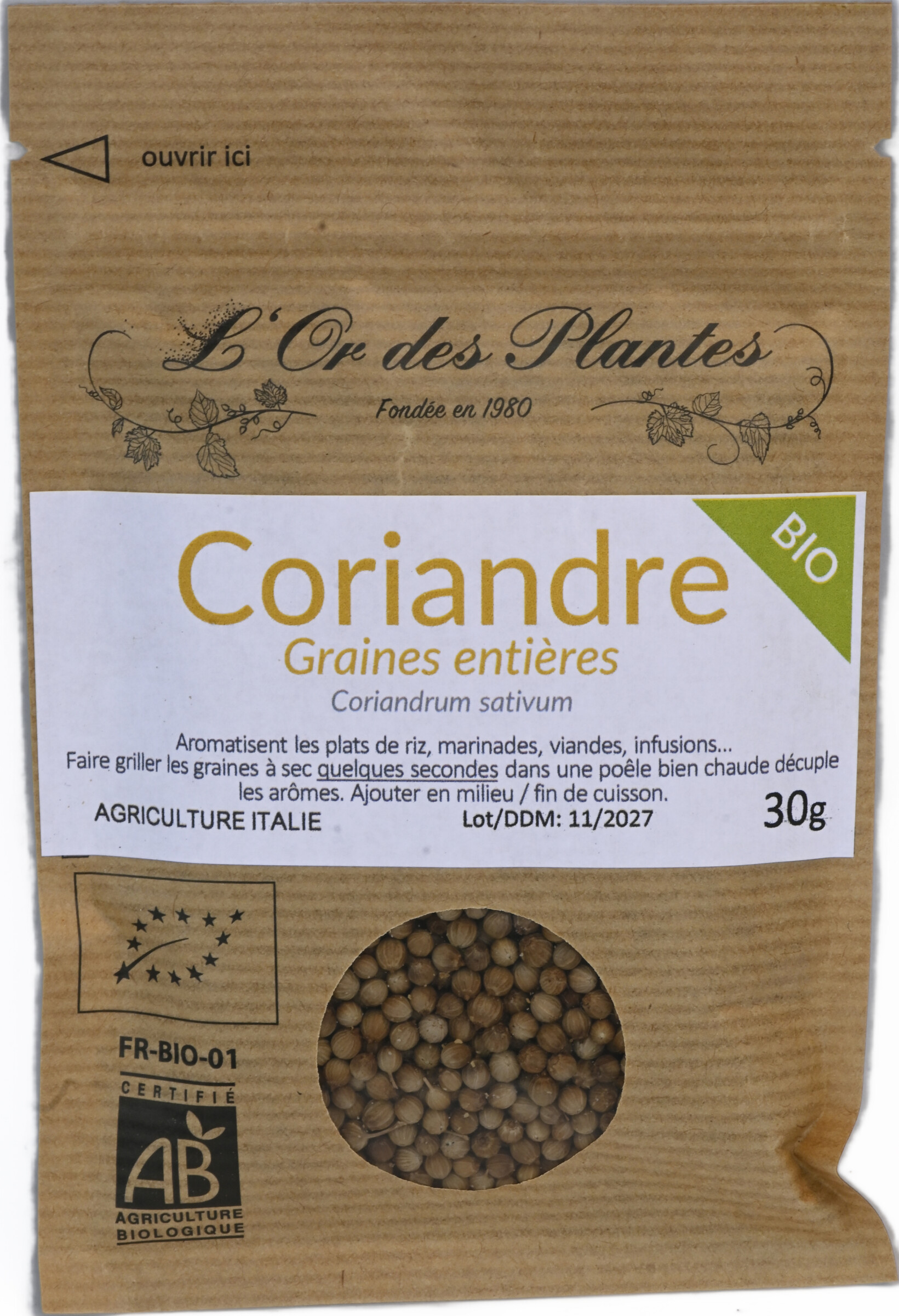 CORIANDRE graines bio sachet 30g — Aromates